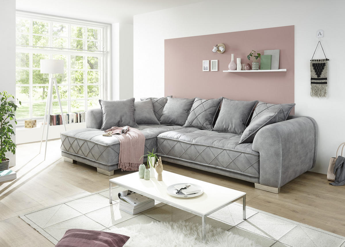 ECKSOFA in Mikrovelours Grau  - Silberfarben/Grau, Basics, Kunststoff/Textil (319/194cm) - MID.YOU