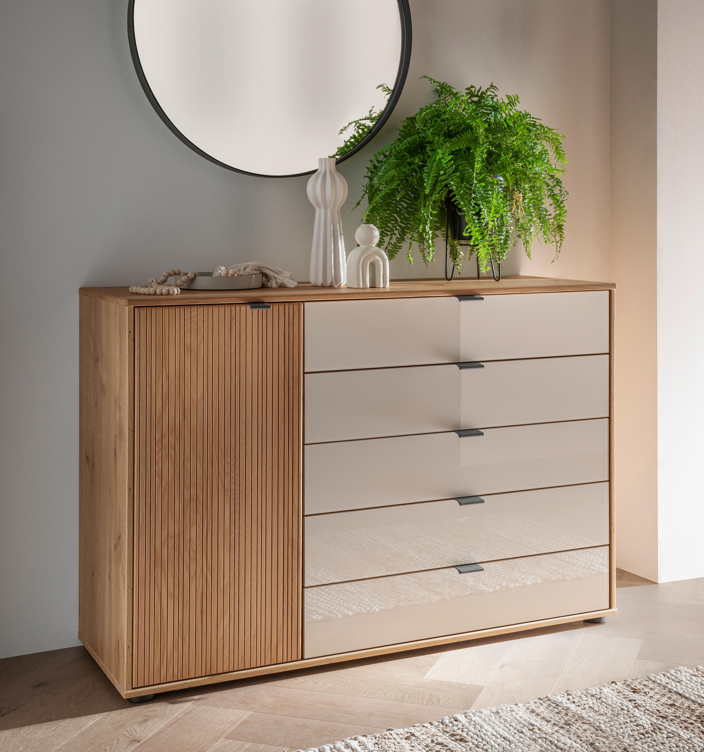 KOMODA, barve šampanjca, hrast bianco  - barve šampanjca/črna, Konvencionalno, kovina/steklo (120/86/43cm) - Venda