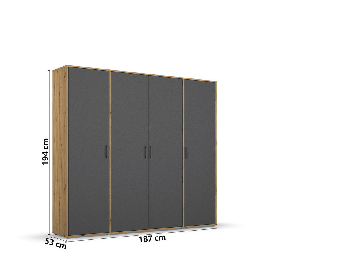 DREHTÜRENSCHRANK in Grau, Eiche Artisan  - Eiche Artisan/Grau, Modern, Holzwerkstoff/Kunststoff (187/194/53cm) - Rauch Möbel