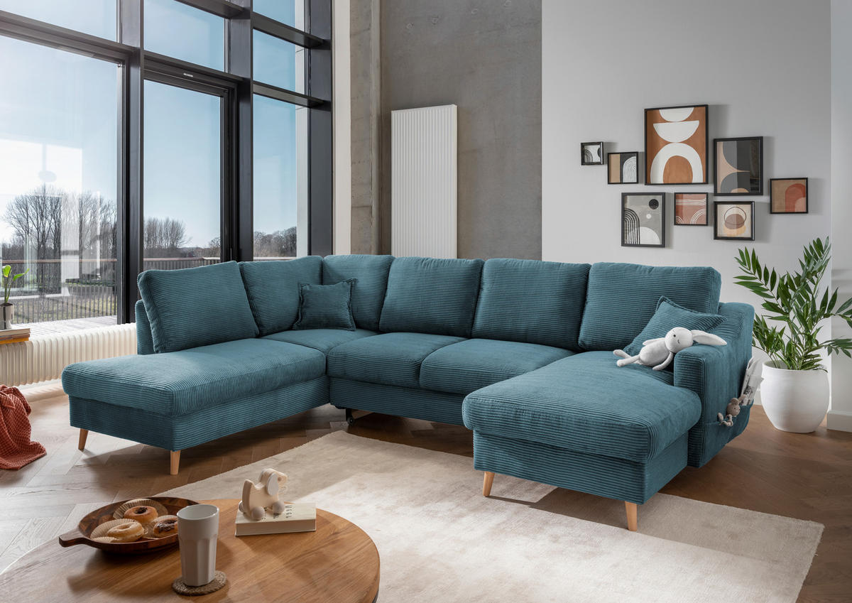 WOHNLANDSCHAFT in Cord Petrol  - Petrol/Naturfarben, KONVENTIONELL, Holz/Textil (200/301/150cm) - P & B