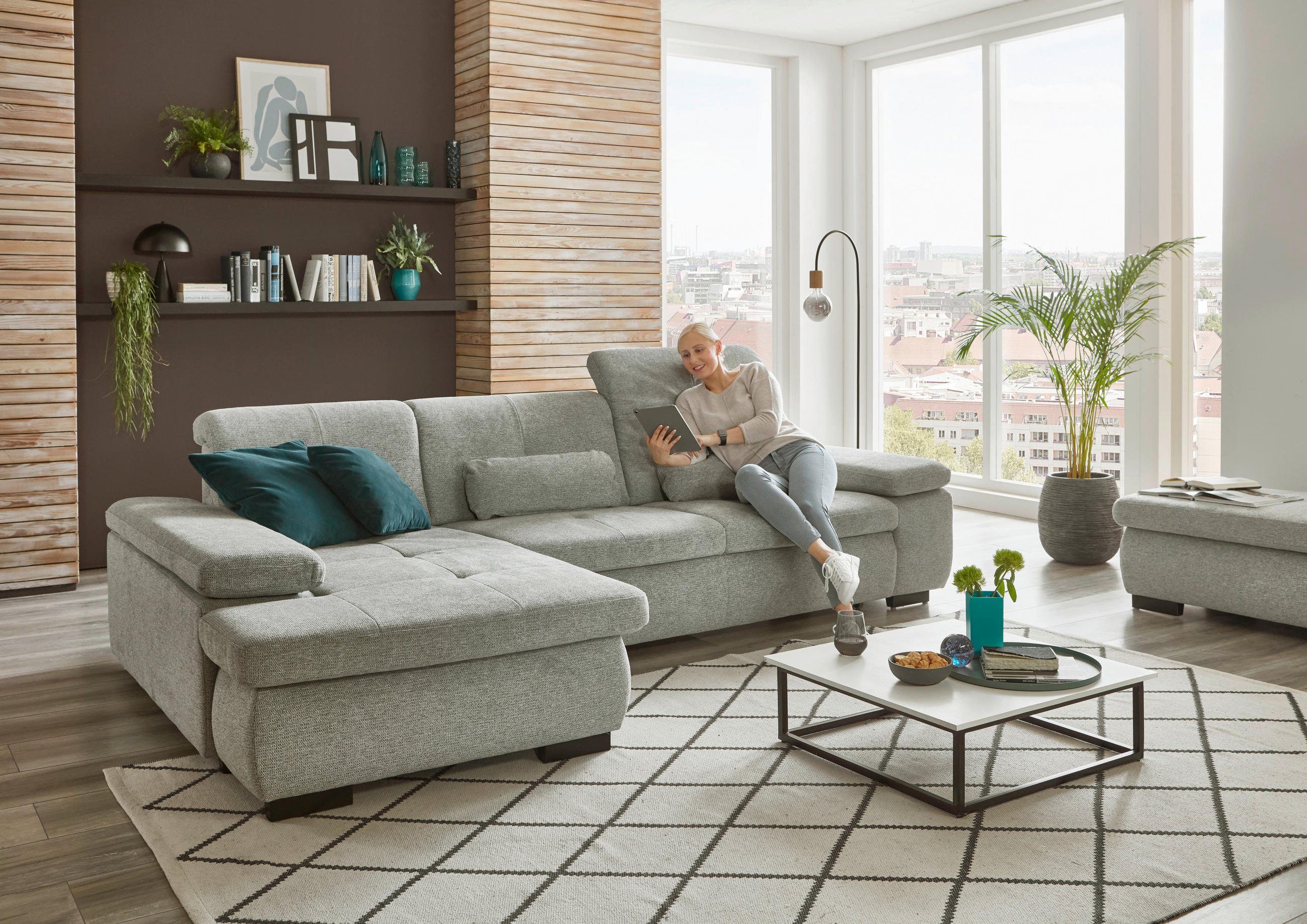 ECKSOFA in Flachgewebe Alufarben  - Schwarz/Alufarben, Design, Textil/Metall (174/297cm) - Beldomo Style