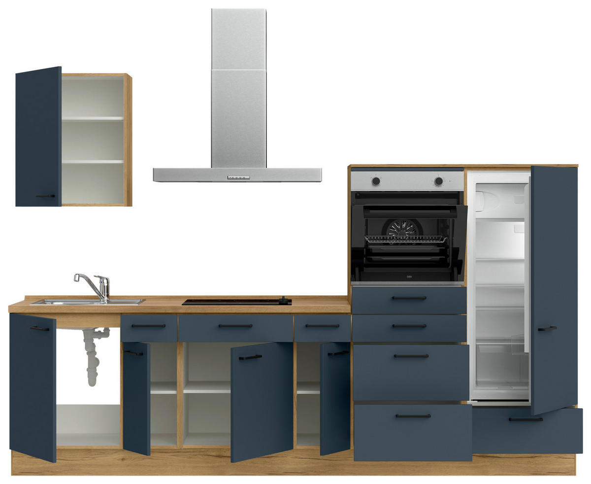 KÜCHENBLOCK Easytouch 300 cm  in Blau, Eichefarben  - Blau/Eichefarben, MODERN, Holzwerkstoff/Metall (300cm) - Nobilia