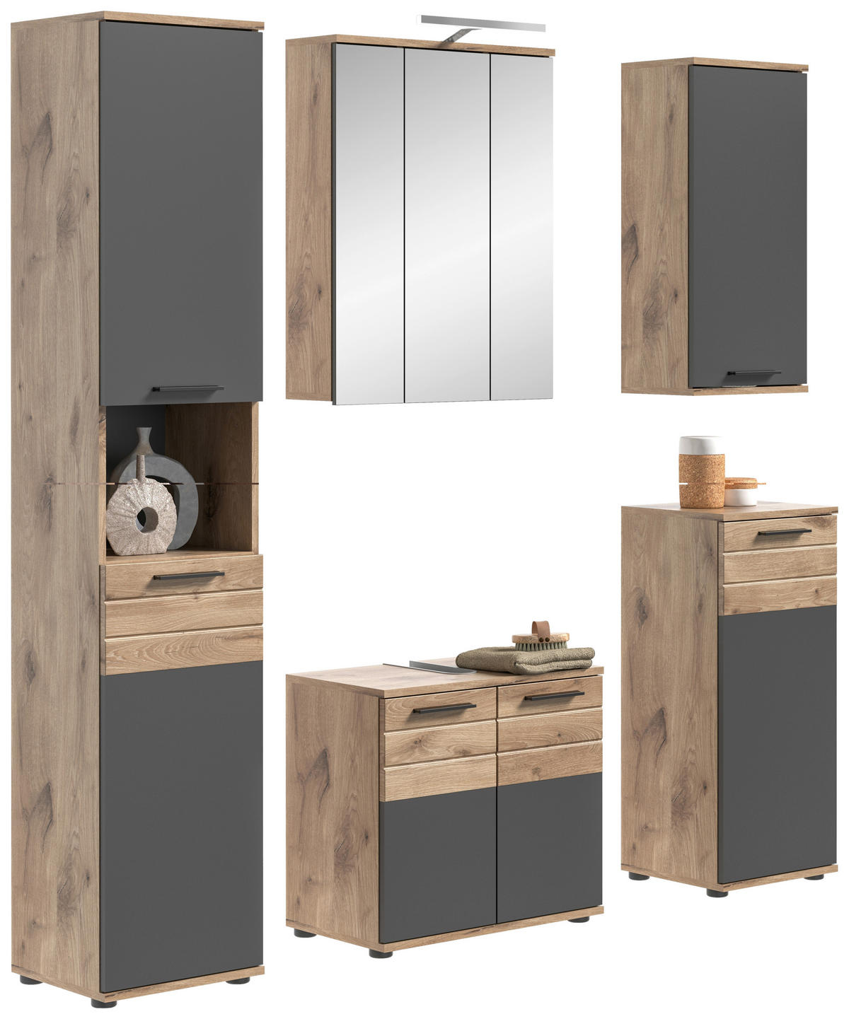 BADEZIMMER 6-teilig  in 134 cm  - Erlefarben/Schwarz, MODERN, Glas/Holzwerkstoff (134cm) - MID.YOU