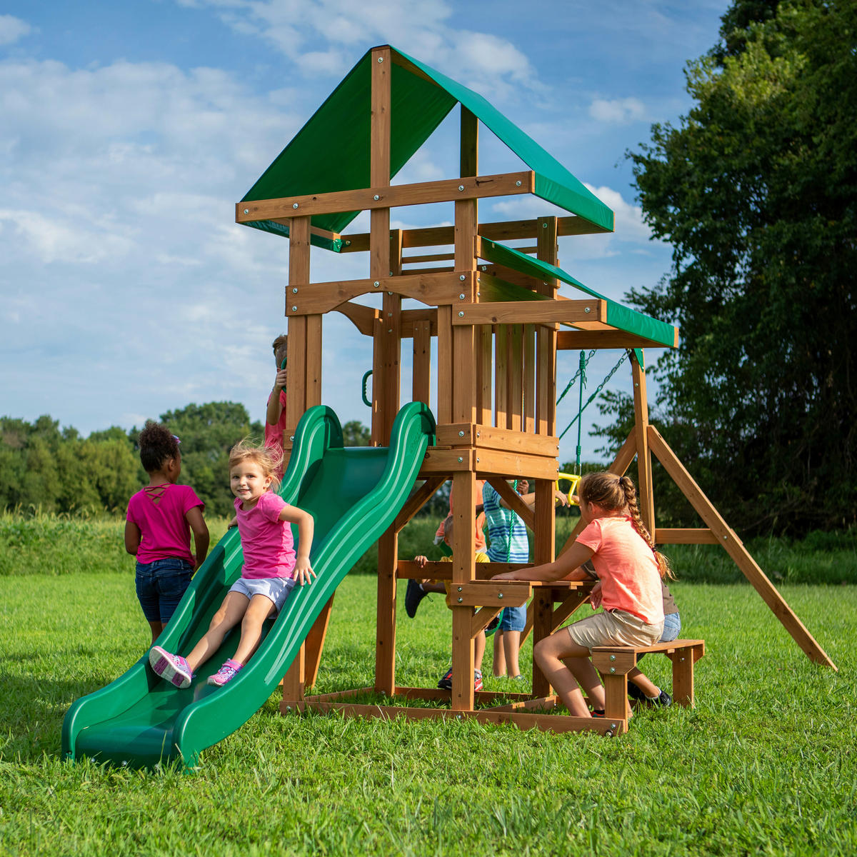 SPIELTURM BACKYARD BELMONT 220/290/540 cm  - Dunkelgrün/Gelb, KONVENTIONELL, Holz (220/290/540cm) - Ambia Garden