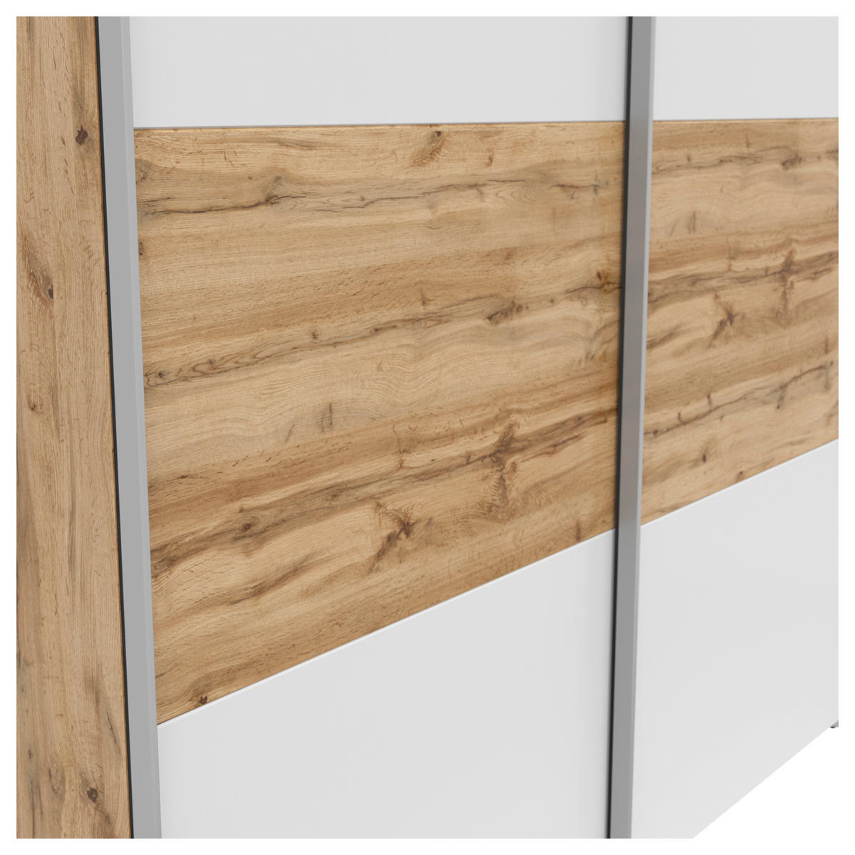 SCHWEBETÜRENSCHRANK 218/210/59 cm 2-türig Weiß, Eiche Wotan  - Silberfarben/Eiche Wotan, KONVENTIONELL, Holzwerkstoff/Metall (218/210/59cm) - Boxxx