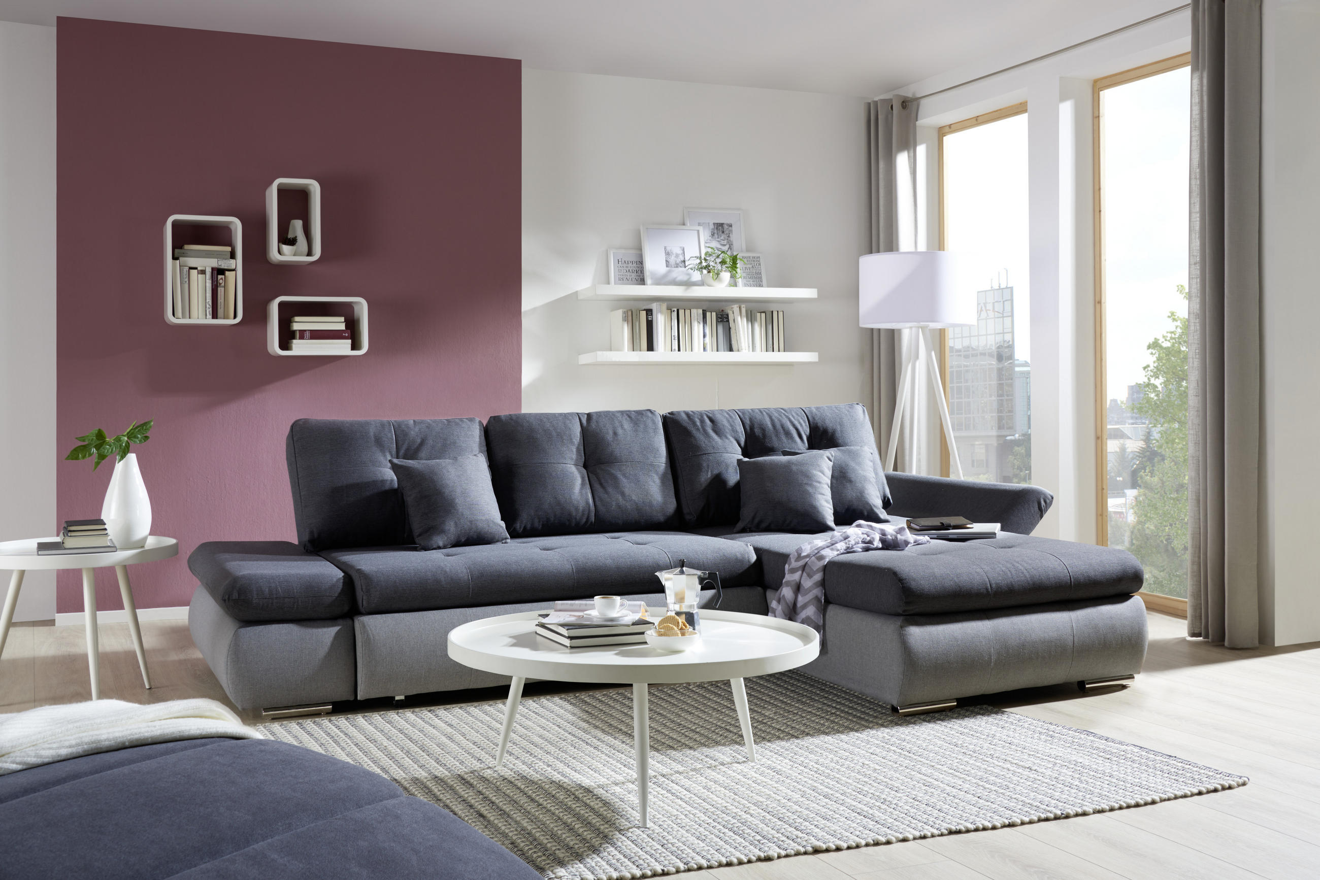 ECKSOFA Hellgrau, Dunkelgrau Webstoff  - Chromfarben/Dunkelgrau, Design, Kunststoff/Textil (302/187cm) - Carryhome