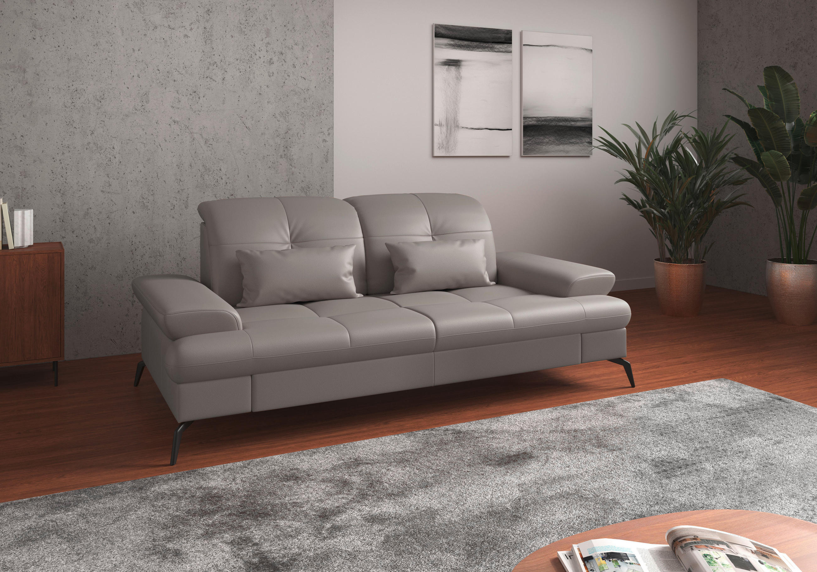 3-SITZER-SOFA Echtleder Hellgrau  - Hellgrau/Schwarz, KONVENTIONELL, Leder/Metall (212/90/122cm) - Sit & More