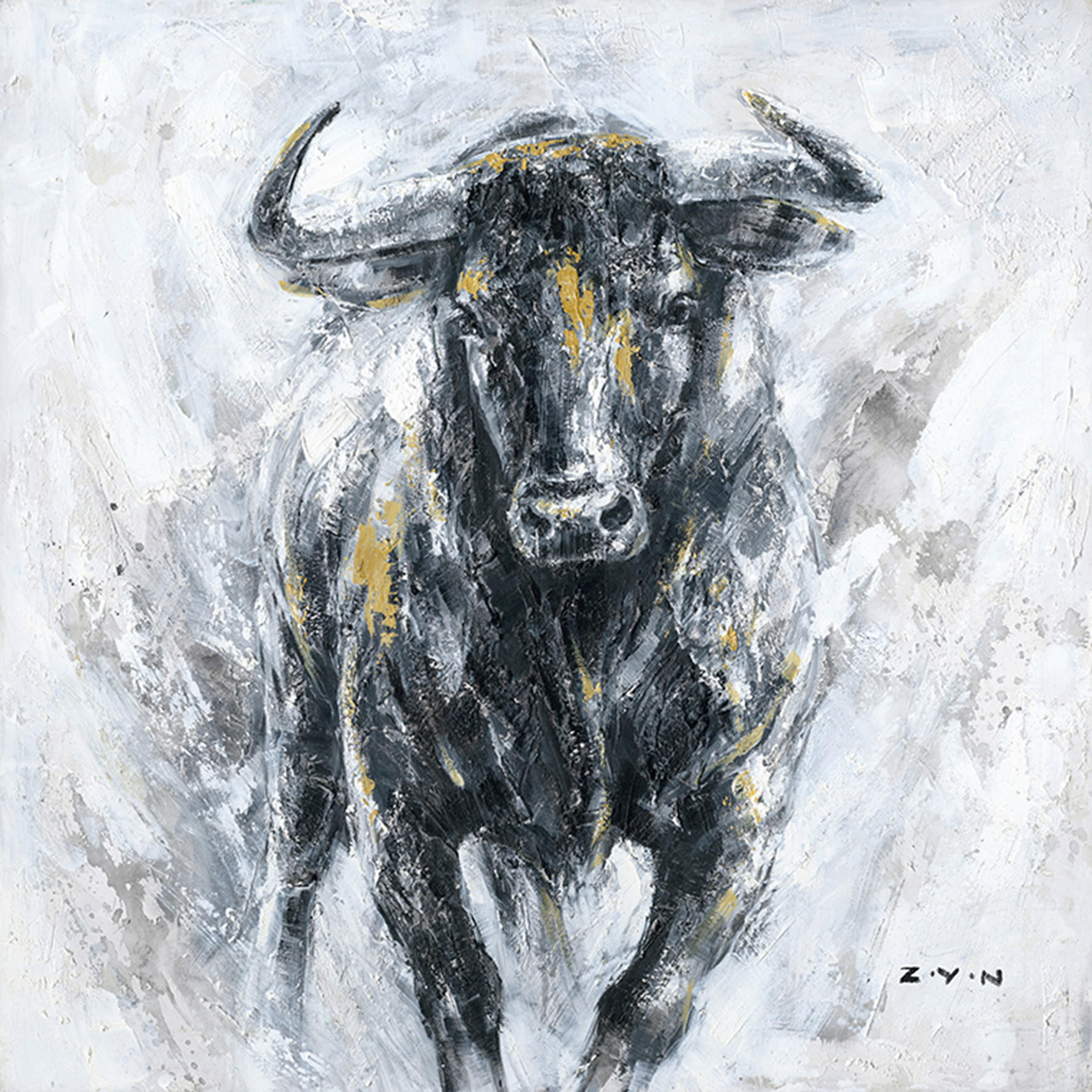 Monee Ölgemälde Schwarz, Weiß, Gold 85x85 cm