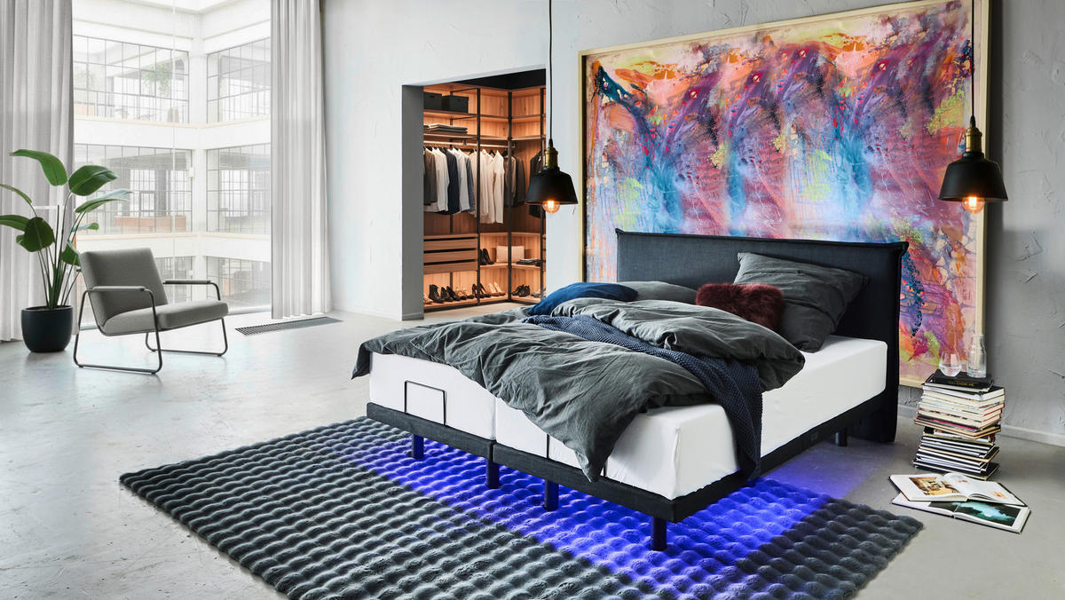 BOXBETT 180/200 cm,  in Graphitfarben, gepolstertes Kopfteil, Beleuchtung, Soundsystem, motorische Verstellbarkeit, Fernbedienung, Matratzen, Befestigungsmaterial, Unterbodenbeleuchtung, H3 = fest  - Schwarz/Graphitfarben, Design, Textil/Metall (180/200cm) - Chameo