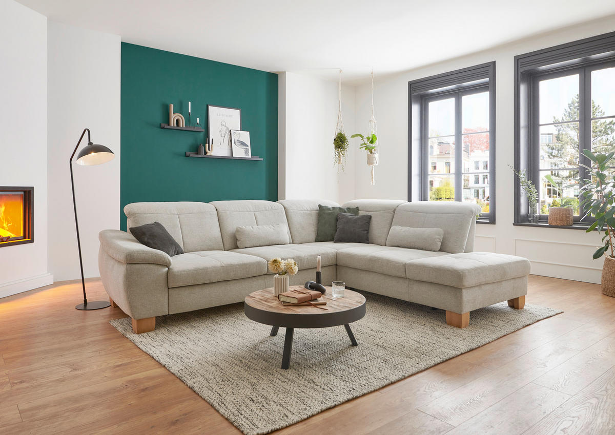 ECKSOFA in Flachgewebe Ecru  - Wildeiche/Ecru, Natur, Holz/Textil (301/243cm) - Voleo