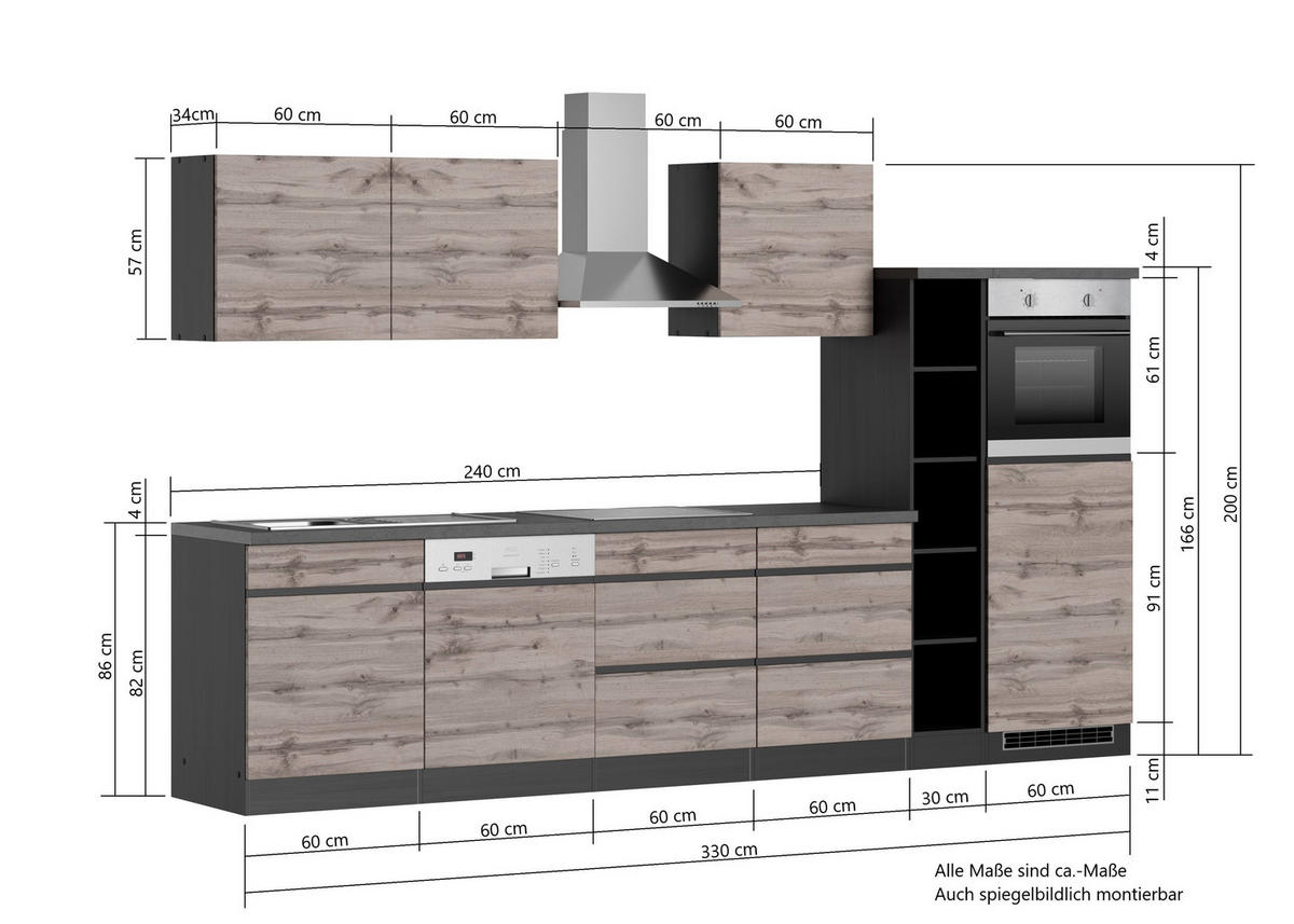 KÜCHENBLOCK 330 cm   in Grau, Eiche Wotan  - Eiche Wotan/Grau, Design, Holzwerkstoff (330cm) - Held