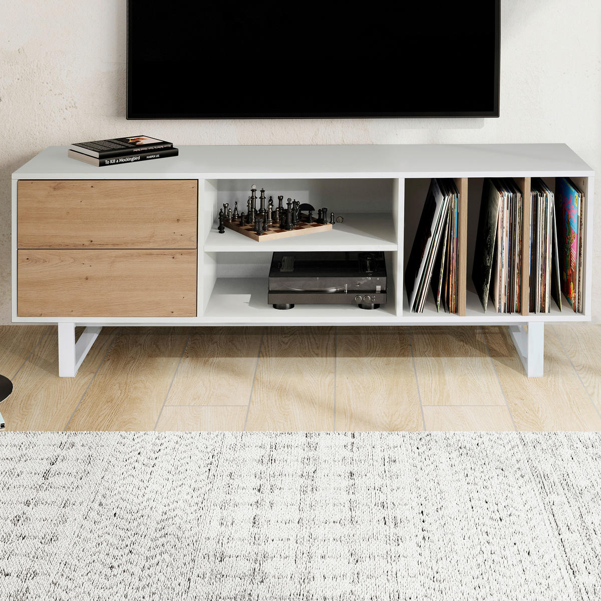 LOWBOARD  in 150/55/40 cm  - Weiss/Eichefarben, Design, Holzwerkstoff/Metall (150/55/40cm) - Livetastic