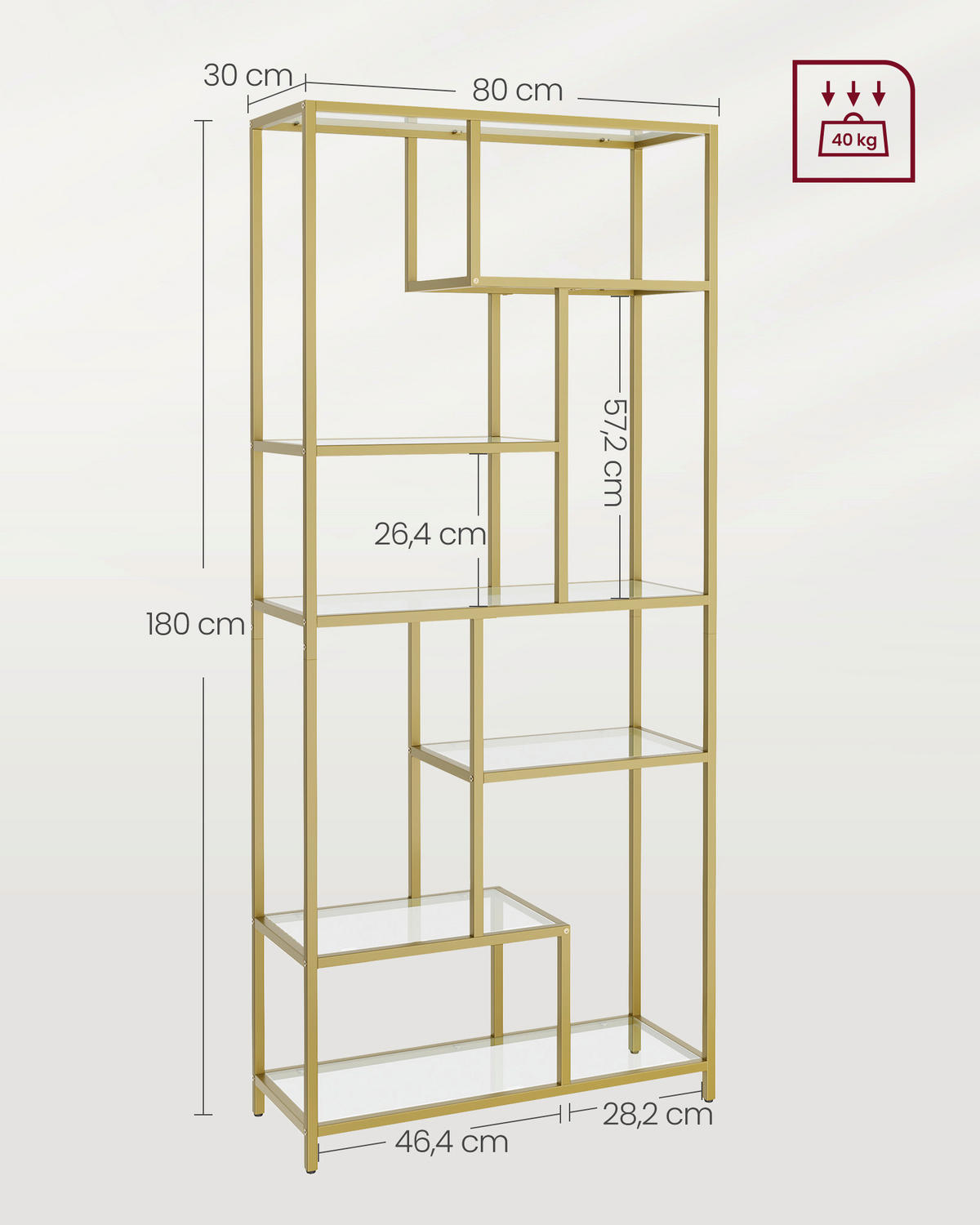 REGAL  80/180/30 cm Goldfarben  - Goldfarben, MODERN, Glas/Metall (80/180/30cm) - MID.YOU