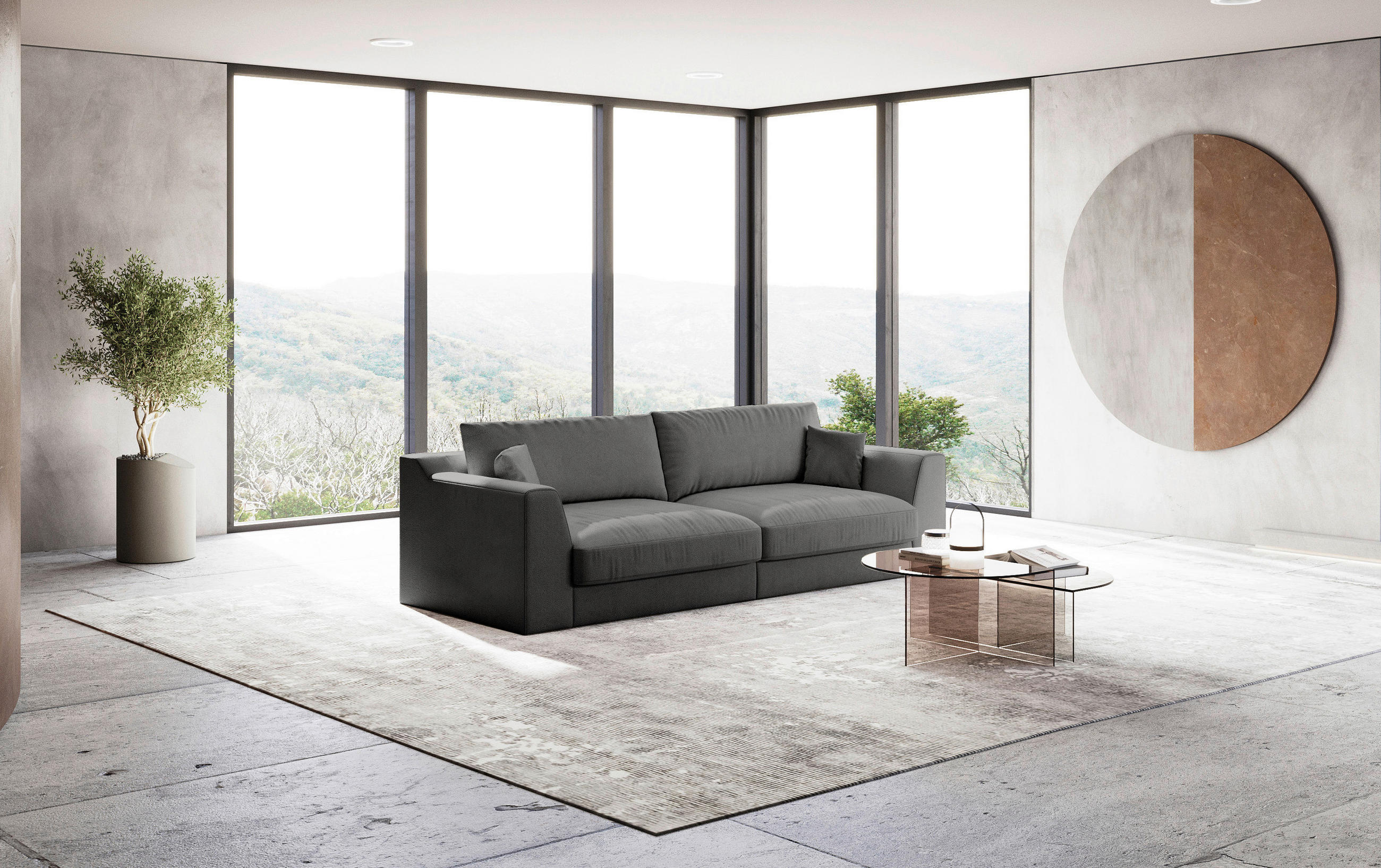 BIGSOFA Chenille, Flachgewebe Dunkelgrau  - Dunkelgrau/Schwarz, Design, Kunststoff/Textil (276/90/109cm) - home24