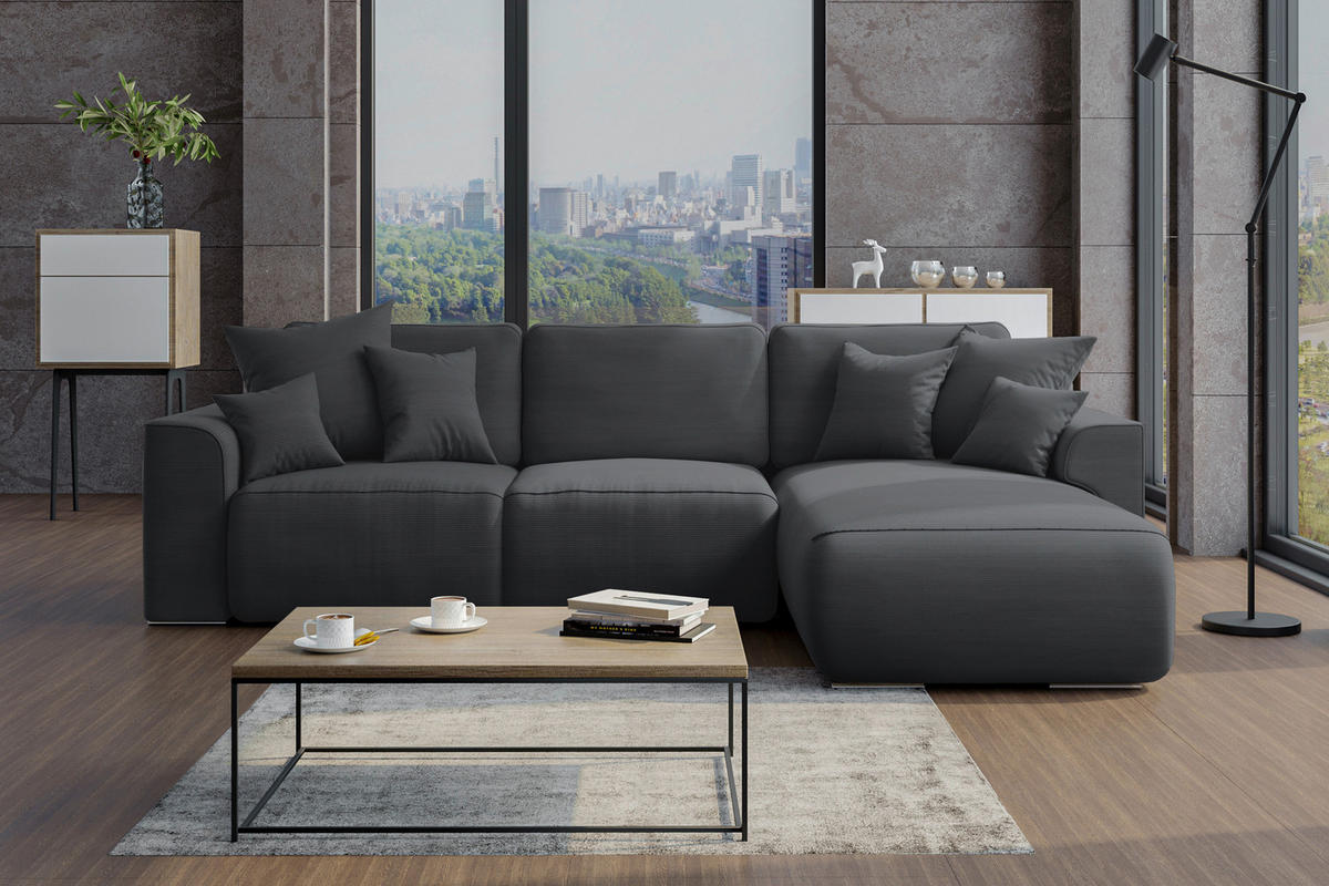 ECKSOFA in Cord Dunkelgrau  - Chromfarben/Dunkelgrau, Konventionell, Kunststoff/Textil (293/195cm) - MID.YOU