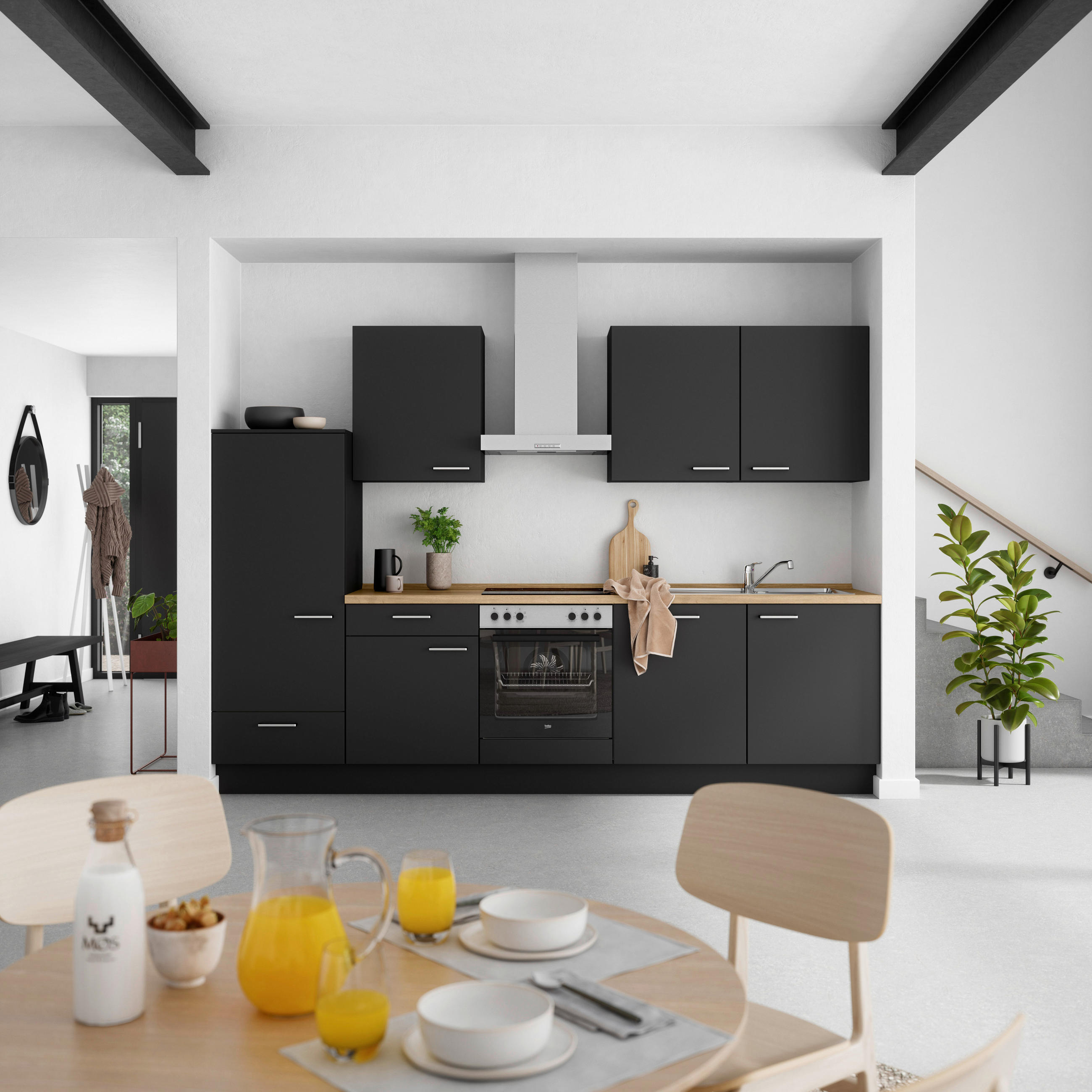 KÜCHENLEERBLOCK 300 cm   in Schwarz, Eichefarben  - Edelstahlfarben/Eichefarben, MODERN, Holzwerkstoff/Metall (300cm) - Nobilia