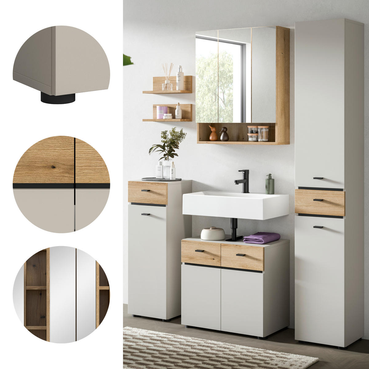 BADEZIMMER 5-teilig  in 124 cm  - Kaschmir/Eichefarben, Trend, Glas/Holzwerkstoff (124cm) - MID.YOU