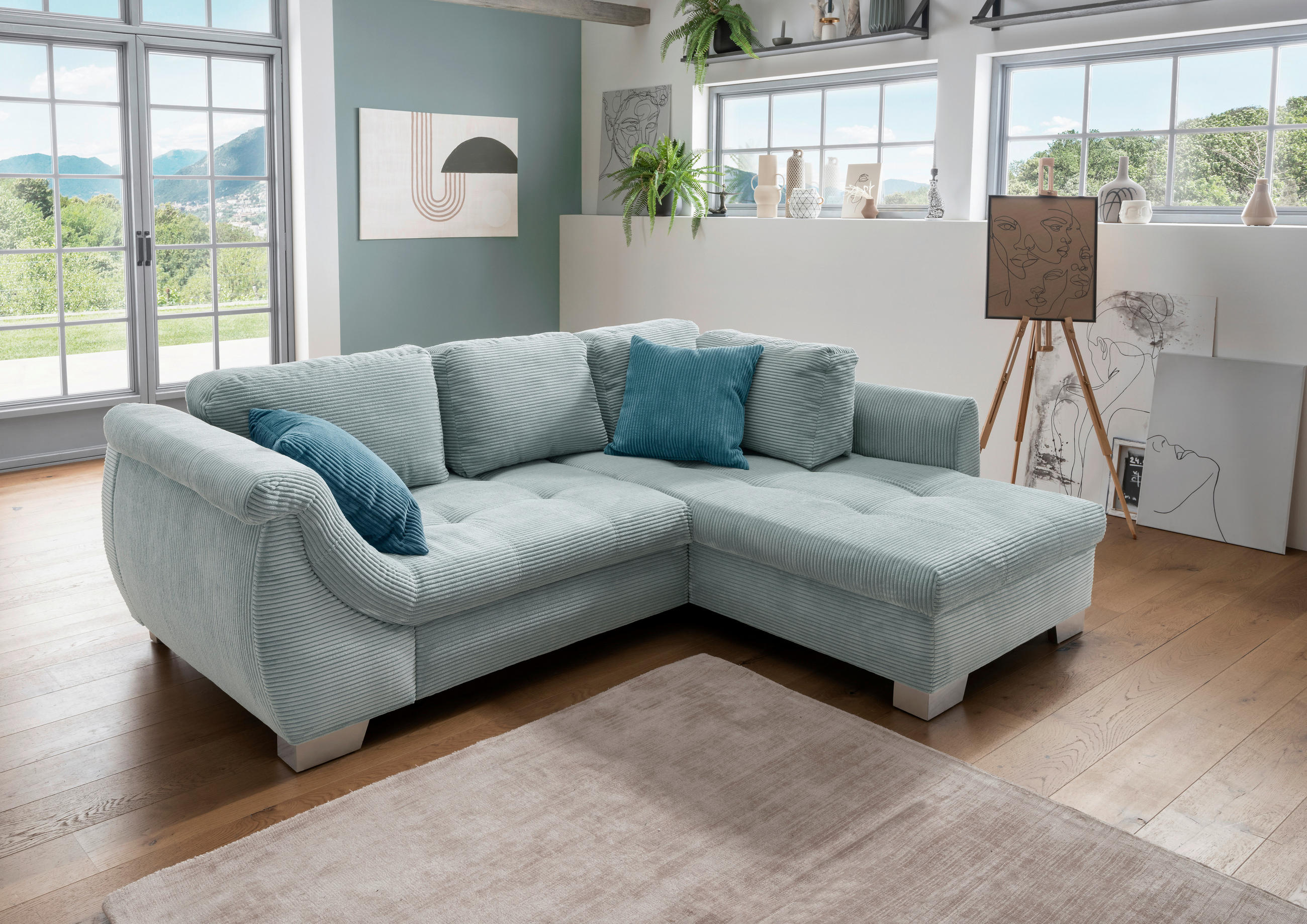 ECKSOFA Blau Cord  - Blau/Silberfarben, Design, Holz/Textil (250/190cm) - MID.YOU