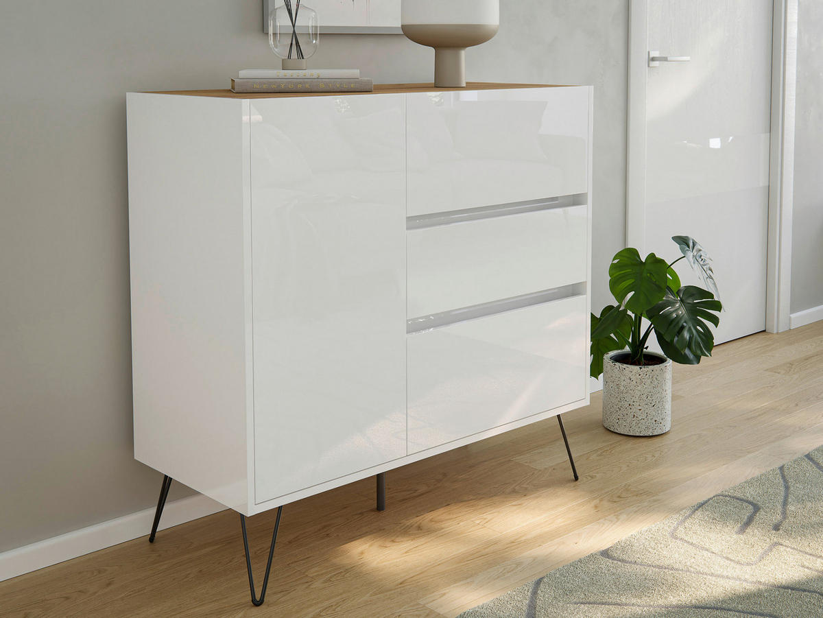 SIDEBOARD Posseik Industrial 99/93,6/42 cm 3 Schublade(n)  - Weiß Hochglanz/Eichefarben, Design, Holzwerkstoff/Metall (99/93,6/42cm) - MID.YOU