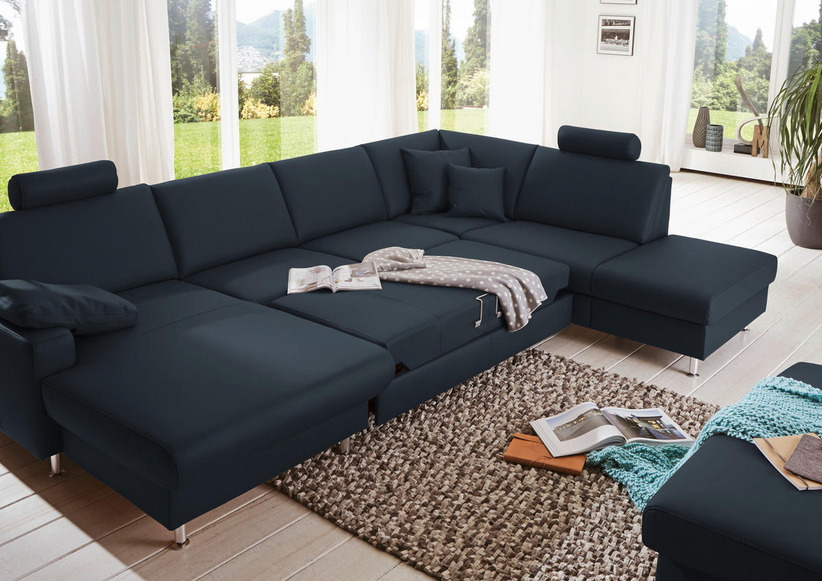 WOHNLANDSCHAFT in Echtleder Dunkelblau  - Alufarben/Dunkelblau, Design, Leder/Metall (165/339/233cm) - Beldomo Premium