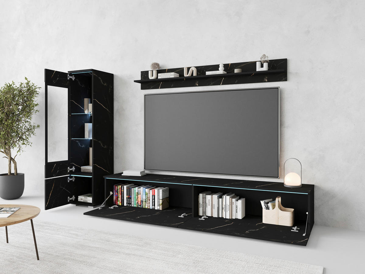 WOHNWAND 3-teilig  in Schieferfarben  210/130/33 cm  - Schieferfarben/Grau, Basics, Glas/Holzwerkstoff (210/130/33cm) - P & B