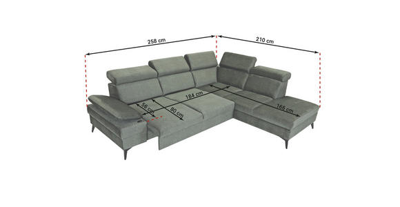 ECKSOFA Greige Flachgewebe Rücken echt, Kopfteilverstellung, Sitzvorzug  - Greige/Schwarz, MODERN, Textil/Metall (210/258cm) - Landscape