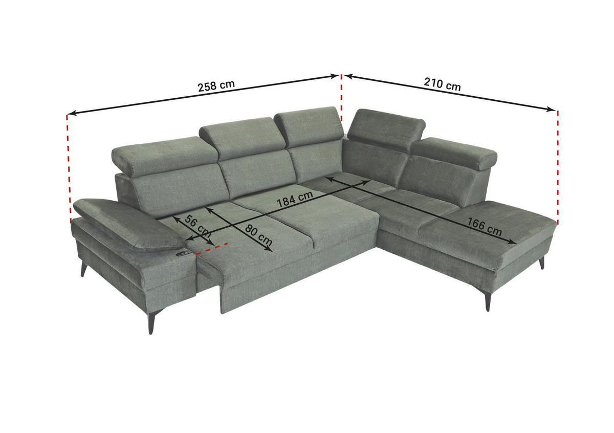 ECKSOFA Greige Flachgewebe Rücken echt, Kopfteilverstellung, Sitzvorzug  - Greige/Schwarz, MODERN, Textil/Metall (210/258cm) - Landscape