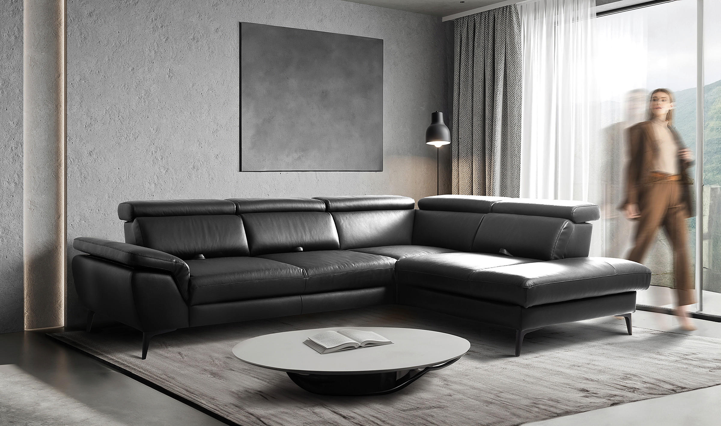 ECKSOFA  in Lederlook Echtleder Schwarz  274/220 cm  - Schwarz, Design, Leder/Textil (274/220cm) - Livetastic