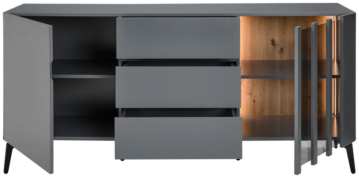 SIDEBOARD  in 166/76,3/41,5 cm  - Schwarz/Grau, Design, Glas/Holzwerkstoff (166/76,3/41,5cm) - Novel
