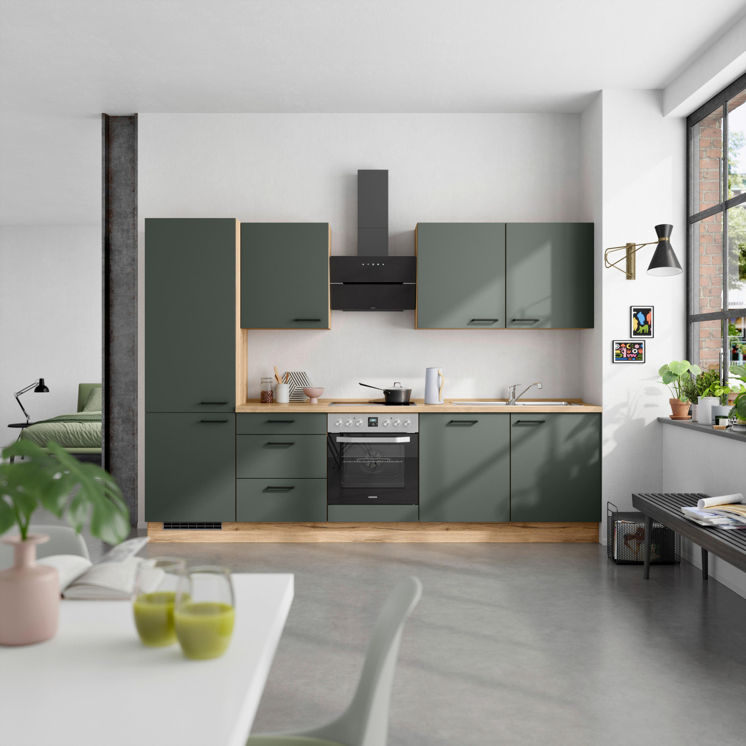KÜCHENBLOCK Easytouch 300 cm  in Eichefarben, Dunkelgrün  - Dunkelgrün/Eichefarben, MODERN, Holzwerkstoff/Metall (300cm) - Nobilia