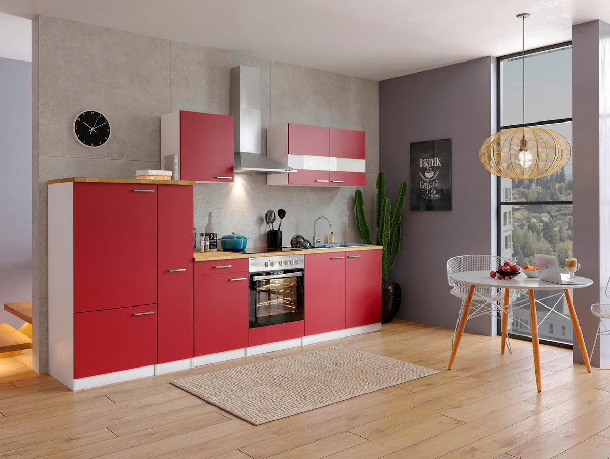 KÜCHENBLOCK 300 cm   in Rot  - Weiss/Edelstahlfarben, Basics, Holzwerkstoff/Metall (300cm) - Respekta