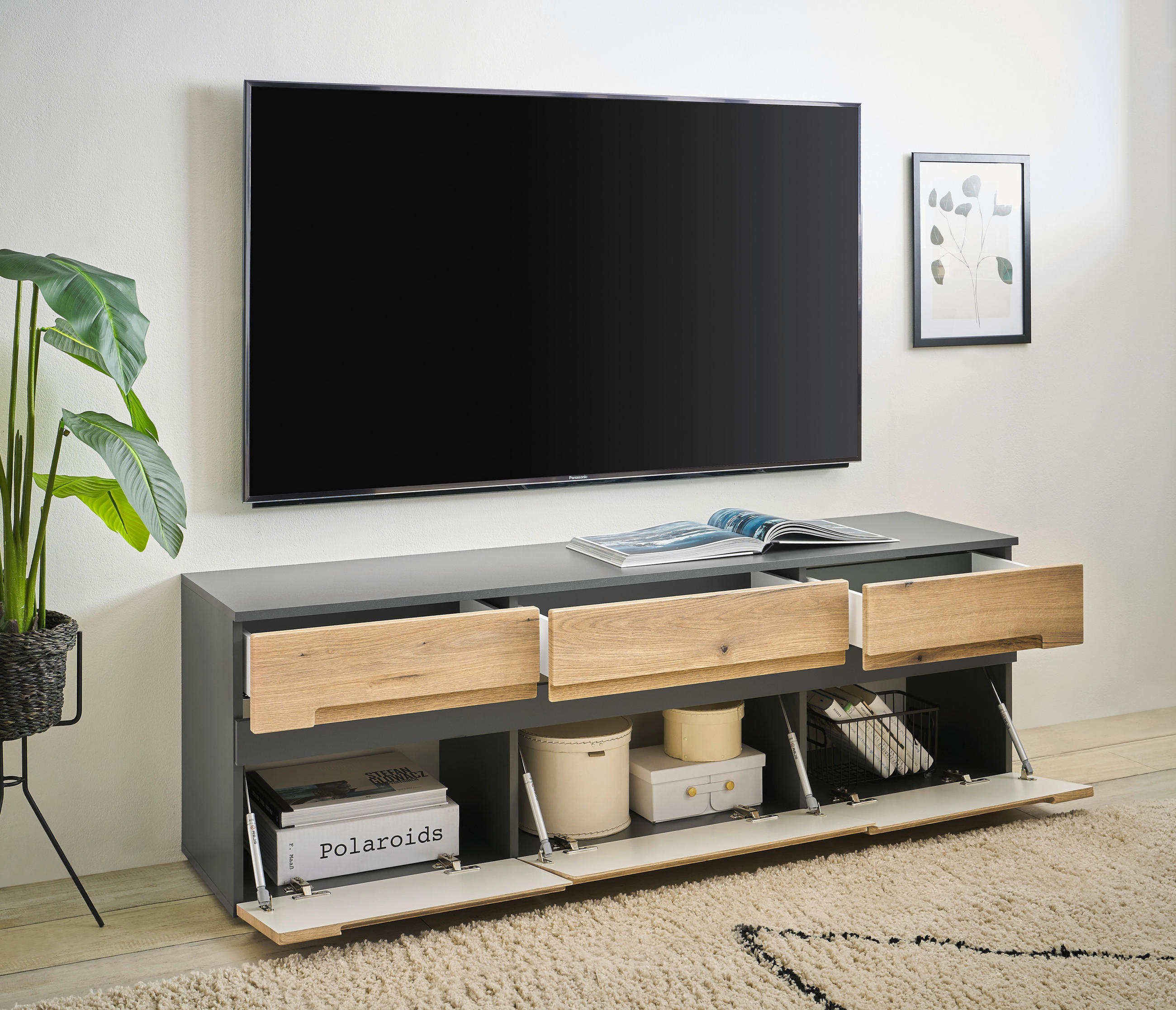 TV-ELEMENT antracit, barve hrasta  - črna/barve hrasta, Design, umetna masa/leseni material (160/52/38cm) - MID.YOU