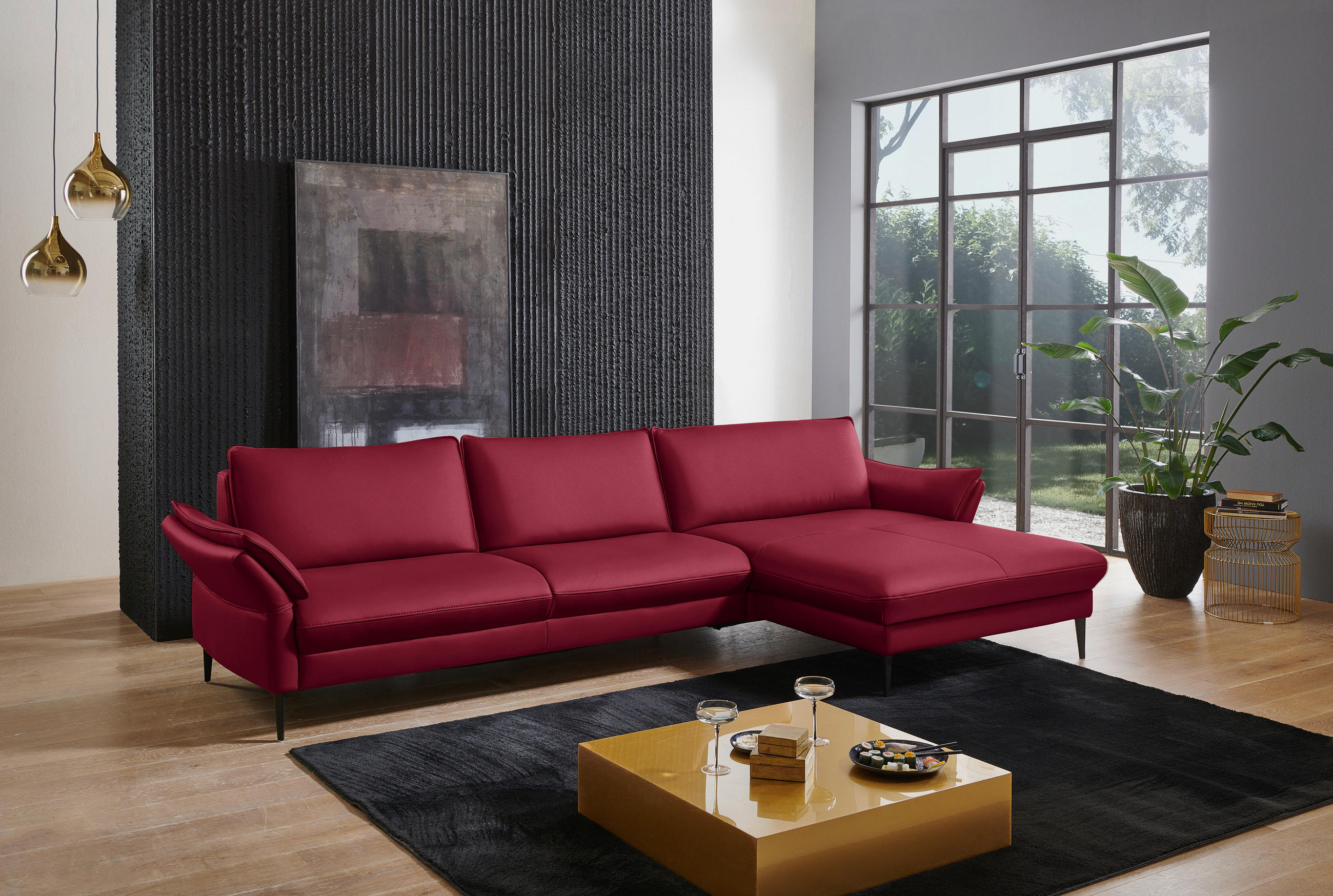 ECKSOFA in Echtleder Rot  - Rot/Schwarz, Design, Leder/Metall (334/172cm) - Valdera