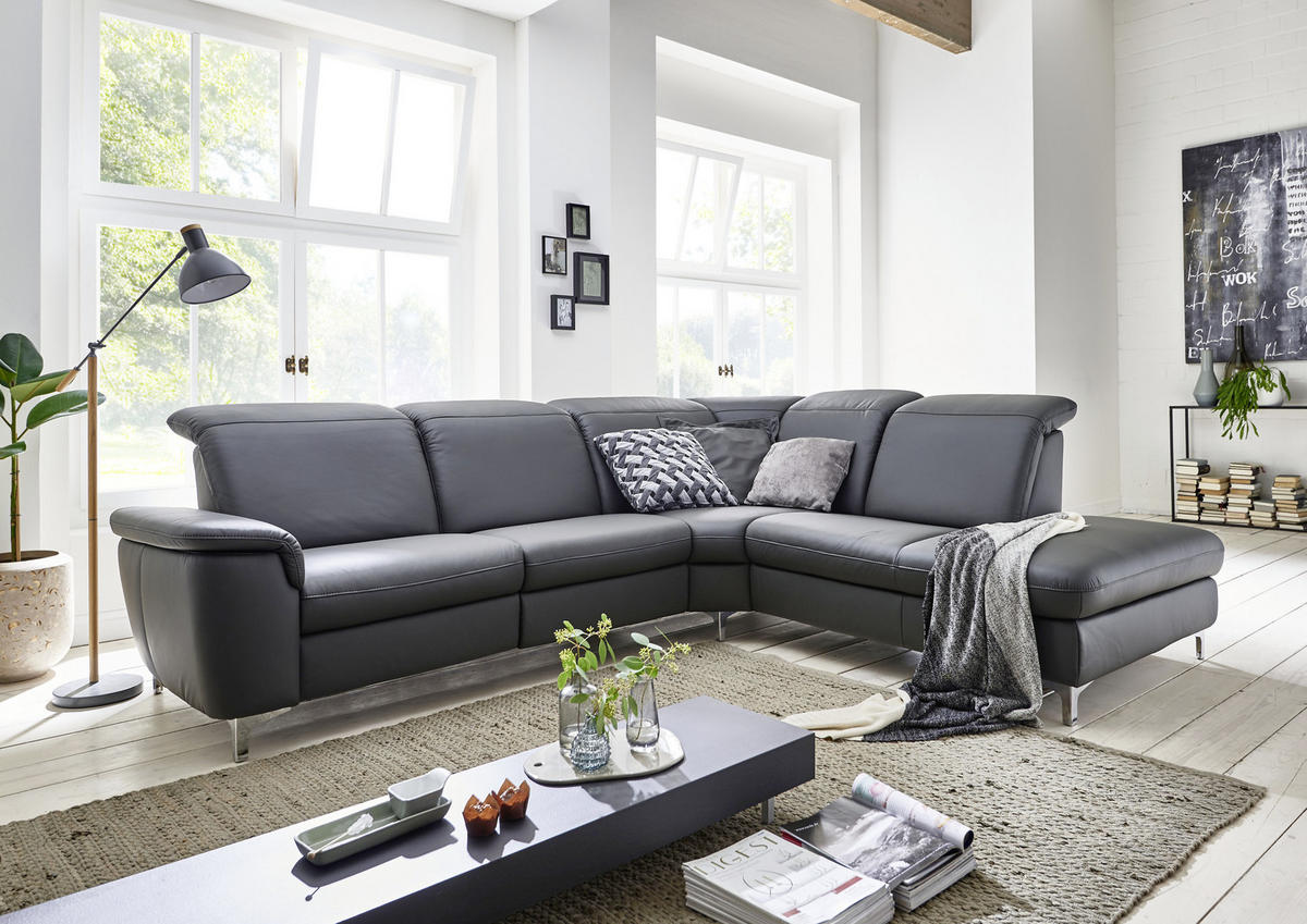 ECKSOFA Anthrazit Echtleder  - Chromfarben/Anthrazit, KONVENTIONELL, Leder/Metall (292/242cm) - Cantus