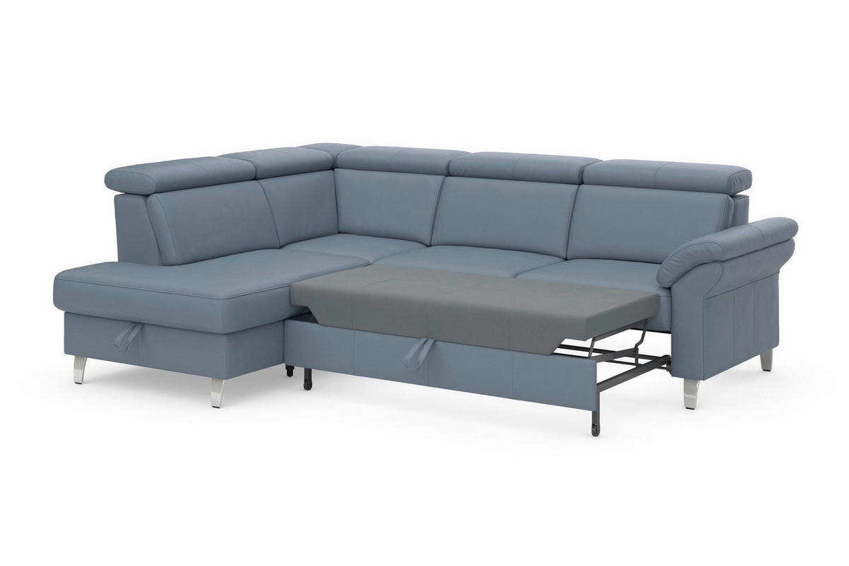ECKSOFA ARNGAST E Graublau Kombination Echtleder/Stoff Mikrofaser Bettkasten, Kopfteilverstellung  - Chromfarben/Graublau, Basics, Leder/Textil (194/245cm) - Sit & More