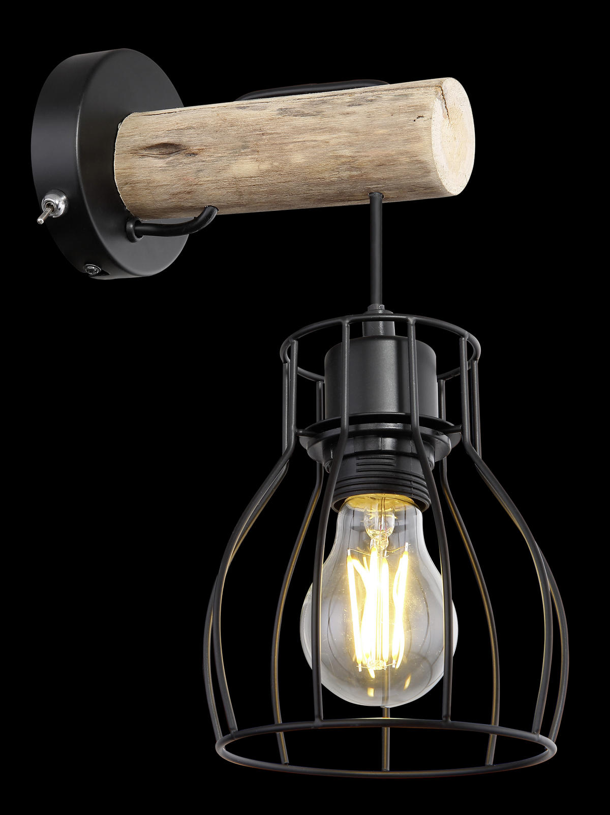 WANDLEUCHTE Mina 12/19,5/24,2 cm   - Schwarz/Naturfarben, Design, Holz/Metall (12/19,5/24,2cm) - Globo