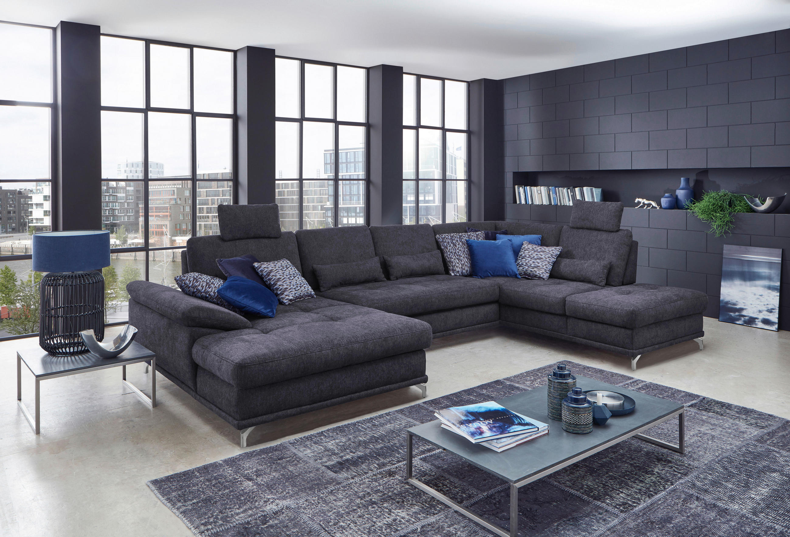 WOHNLANDSCHAFT Dunkelblau Flachgewebe  - Silberfarben/Dunkelblau, KONVENTIONELL, Textil/Metall (176/363/223cm) - Sit & More