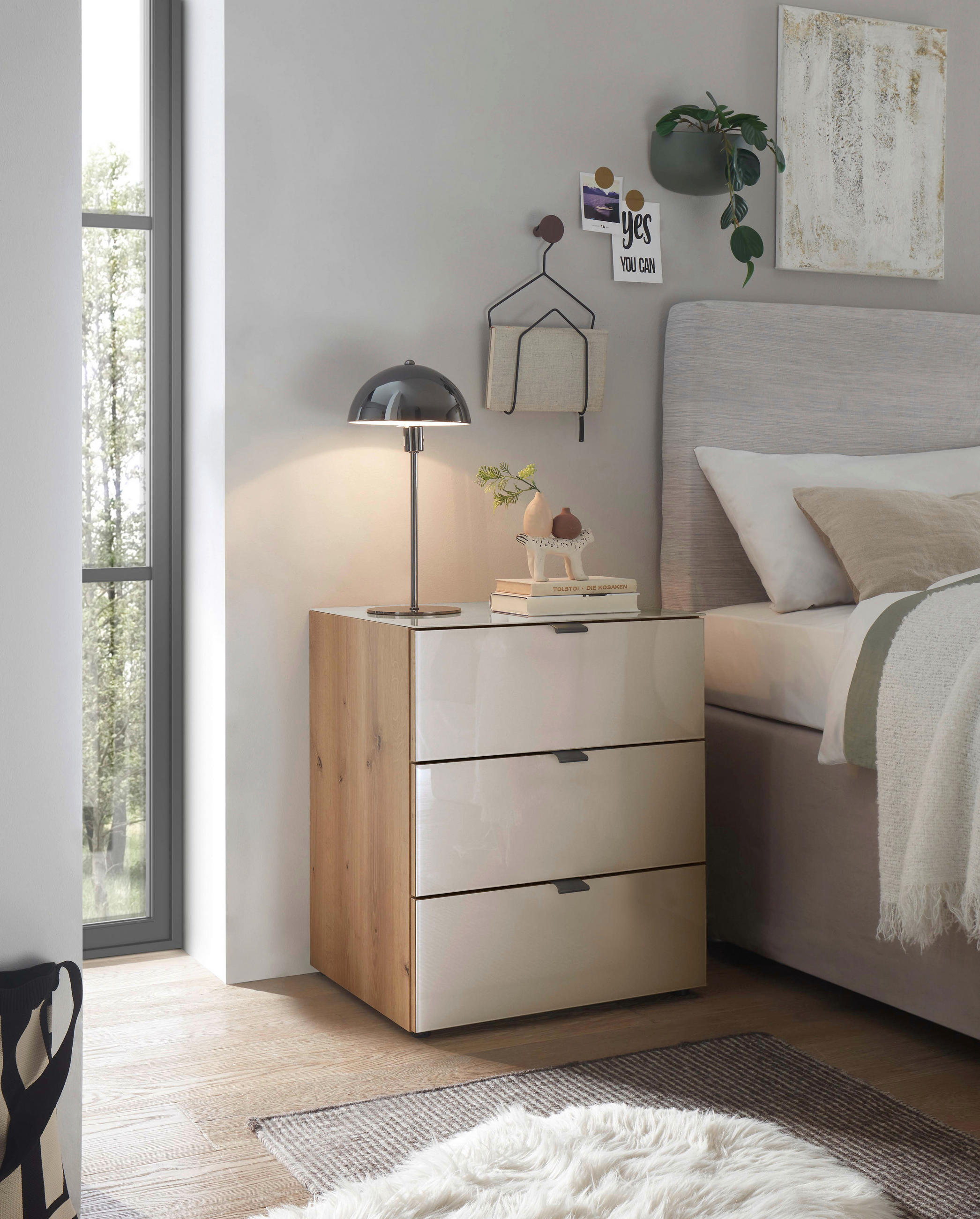 NACHTSCHRANK 50/59,2/43 cm  - Schieferfarben/Eiche Bianco, Basics, Glas/Holzwerkstoff (50/59,2/43cm) - Dieter Knoll