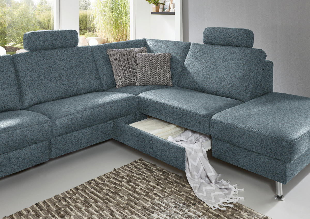 ECKSOFA in Mikrofaser Blau  275/242 cm  - Blau/Alufarben, Design, Textil/Metall (275/242cm) - Dieter Knoll