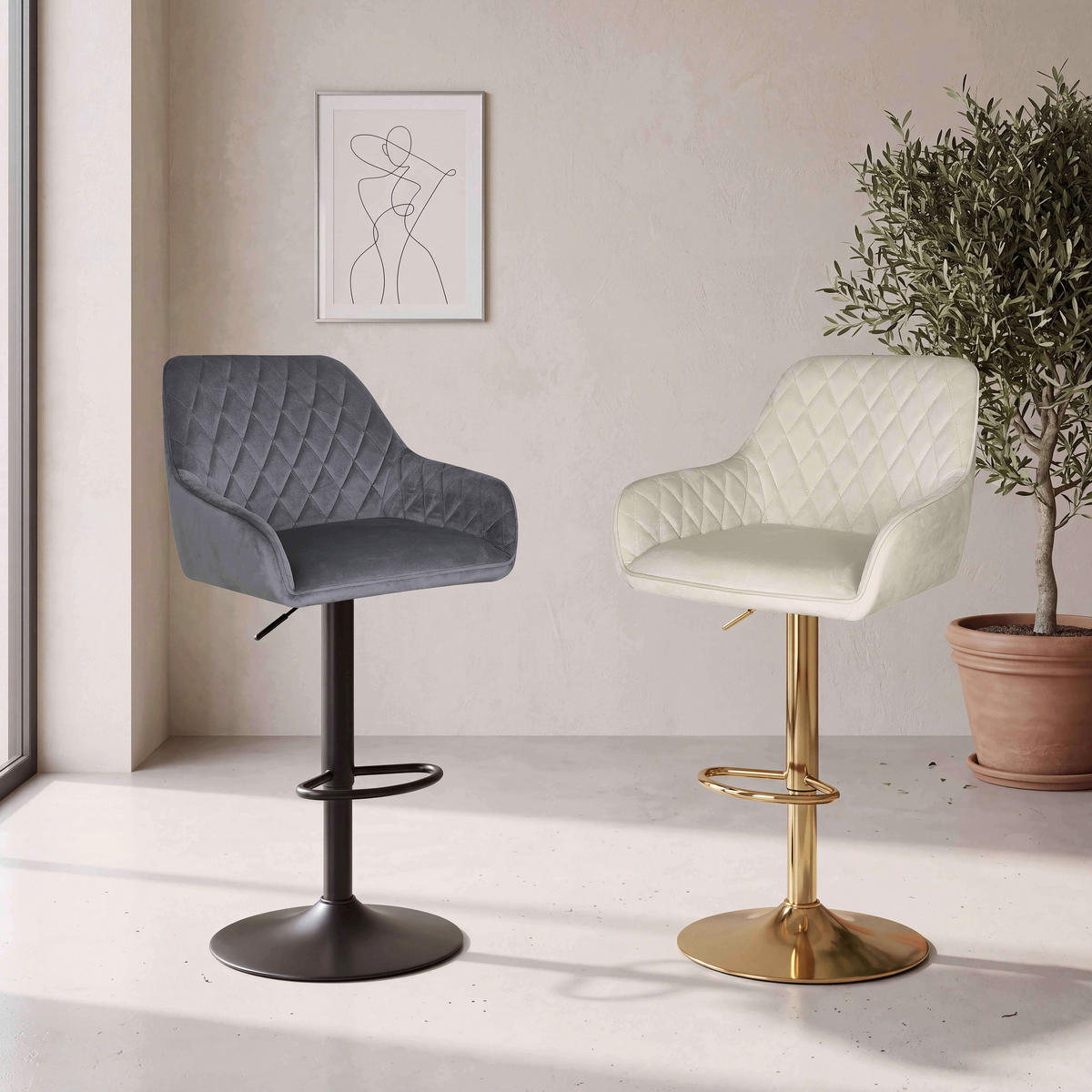 BARHOCKER Samt Goldfarben, Beige Eisen  - Beige/Goldfarben, Design, Textil/Metall (53/92-114/56,5cm) - Novel