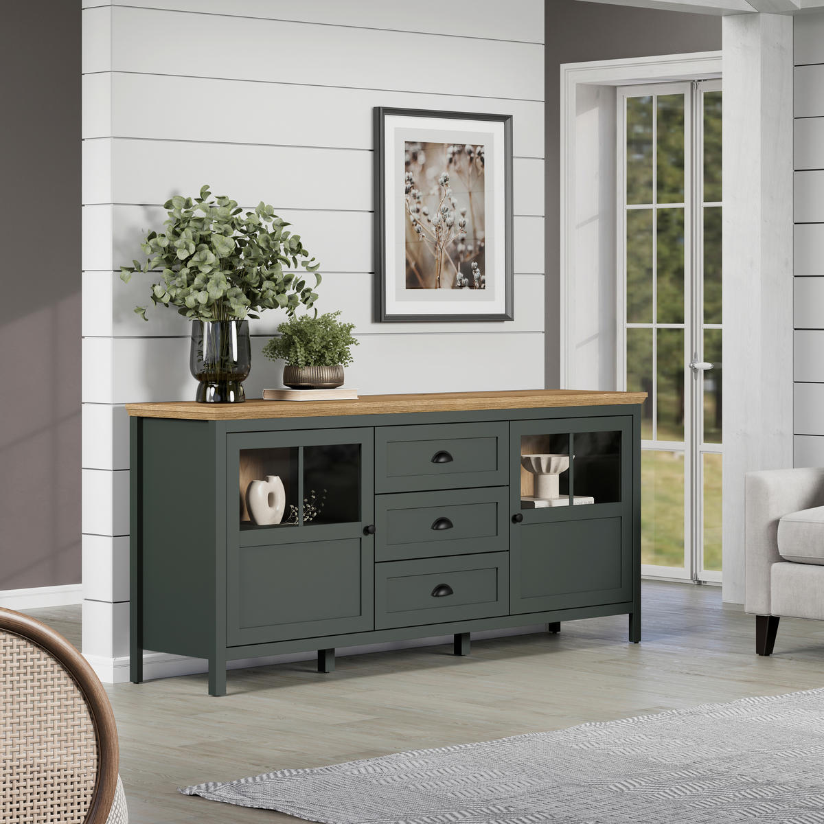 SIDEBOARD STANTON 185/86/45 cm 3 Schublade(n)  - Waldgrün/Schwarz, Design, Glas/Holzwerkstoff (185/86/45cm) - MID.YOU