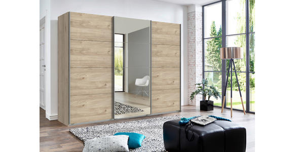 SCHWEBETÜRENSCHRANK 270/210/65 cm 2-türig Weiß, Hellgrau - Hellgrau/Alufarben, Design, Glas/Holzwerkstoff (270/210/65cm) - Carryhome