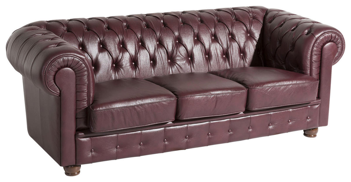 CHESTERFIELD-DREISITZER-SOFA in Echtleder Rot  - Rot/Nussbaumfarben, Design, Leder/Holz (200/76/98cm) - Max Winzer