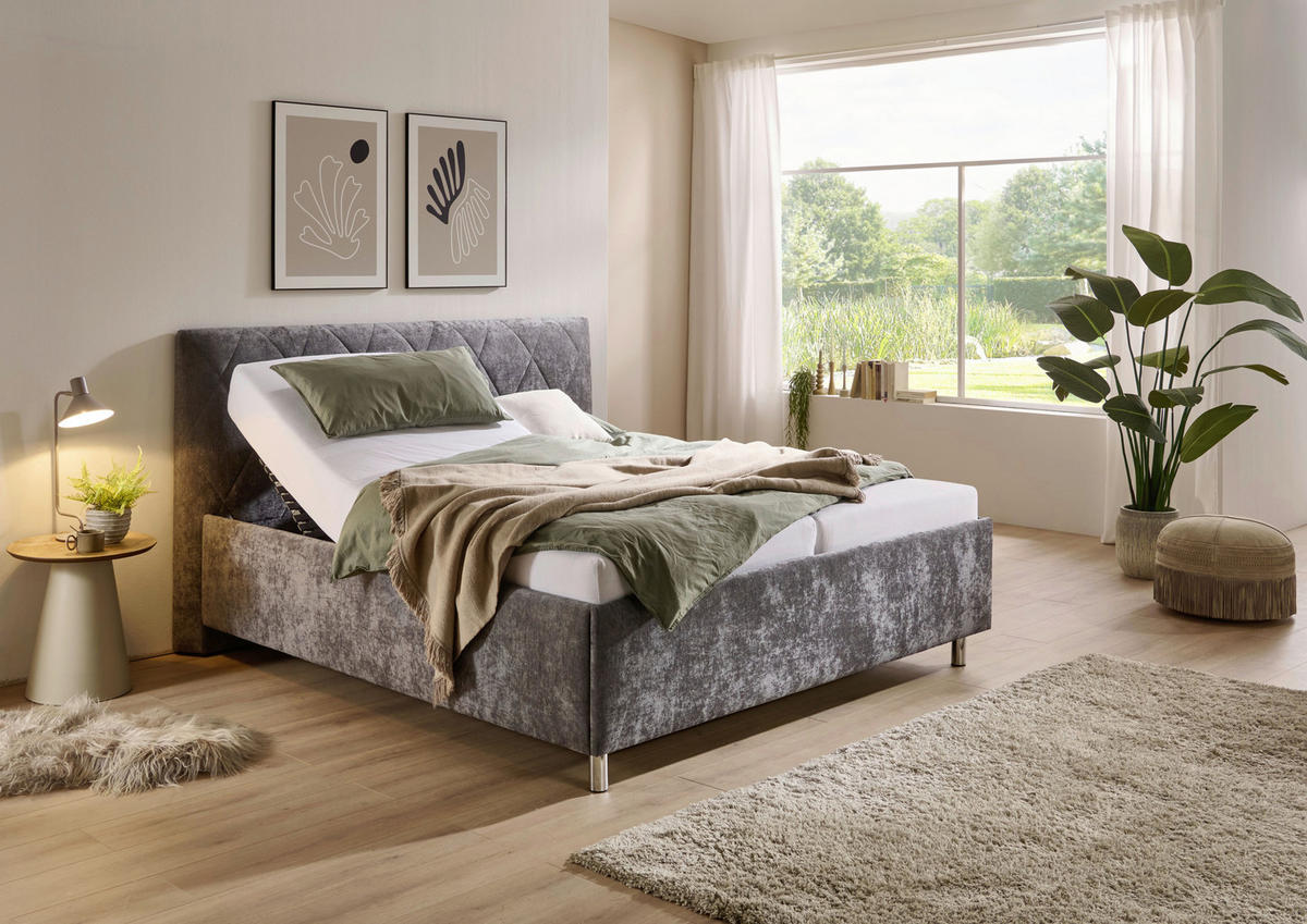 POLSTERBETT 180/200 cm,  in Grau, Matratze, Lattenrost, motorische Verstellbarkeit, Fernbedienung, H2 + H3 = mittel + fest  - Chromfarben/Weiß, MODERN, Textil/Metall (180/200cm) - Xora