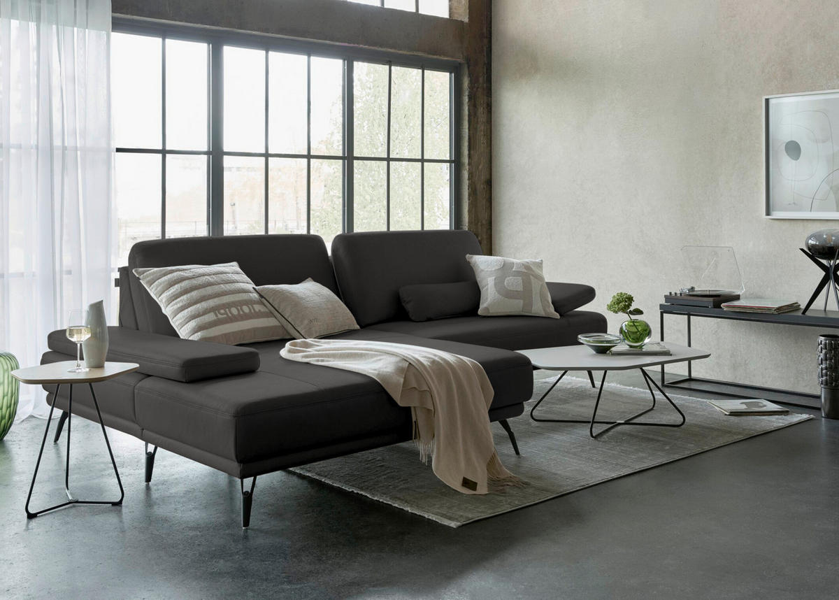 ECKSOFA JOOP! STUDIO in Echtleder Dunkelgrau  180/301 cm  - Dunkelgrau/Schwarz, KONVENTIONELL, Leder/Metall (180/301cm) - Joop!