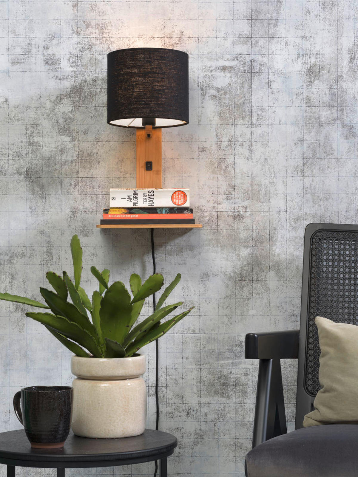 WANDLEUCHTE GOOD&MOJO  19/24/36 cm  - Schwarz/Naturfarben, Trend, Holz/Textil (19/24/36cm) - Good & Mojo