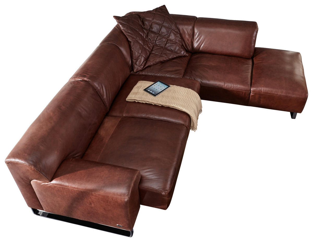 WOHNLANDSCHAFT Braun Echtleder  - Chromfarben/Braun, Design, Leder/Metall (271/245cm) - Chilliano