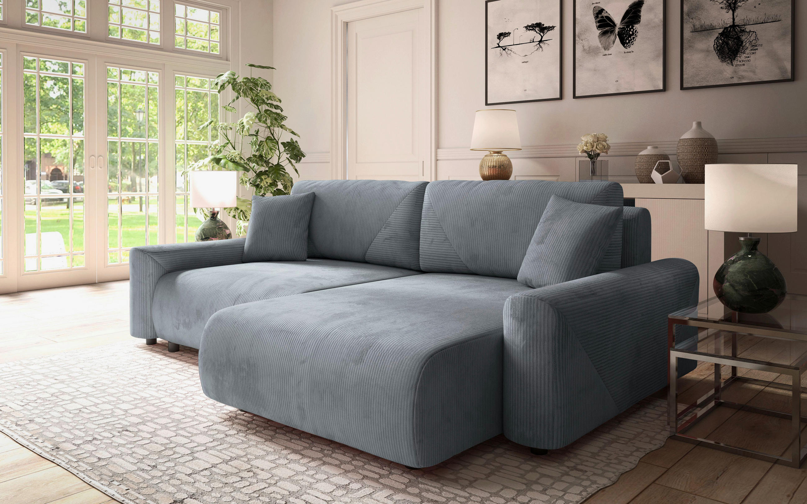Ecksofa inkl. Funktionen Graublau Cord  - Graublau/Schwarz, MODERN, Kunststoff/Textil (238/168cm) - Stylife