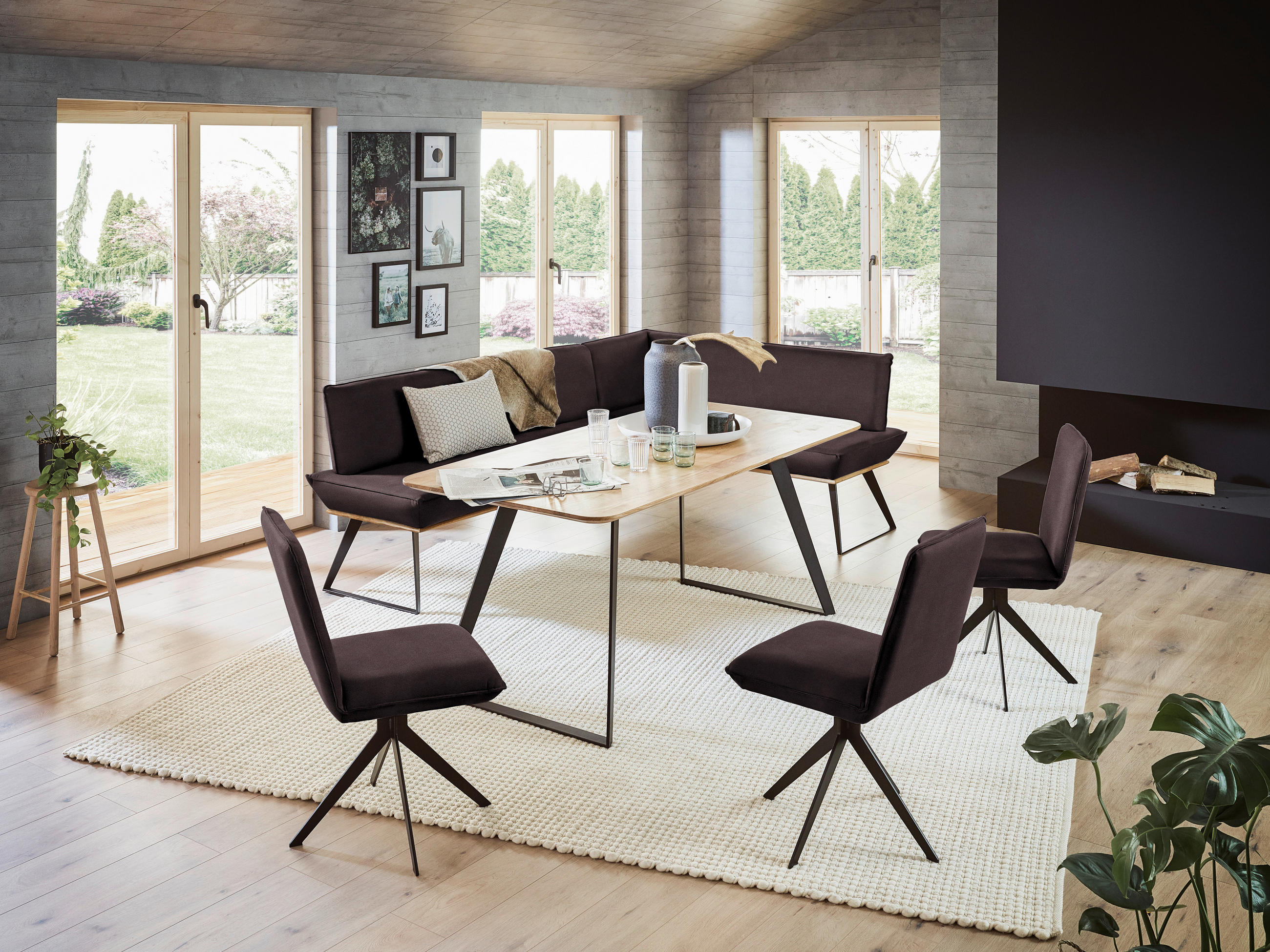 ECKBANK 183/243 cm Lederlook Braun, Schwarz, Eichefarben Eiche massiv Metall   - Eichefarben/Schwarz, Design, Holz/Textil (183/243cm) - Voleo