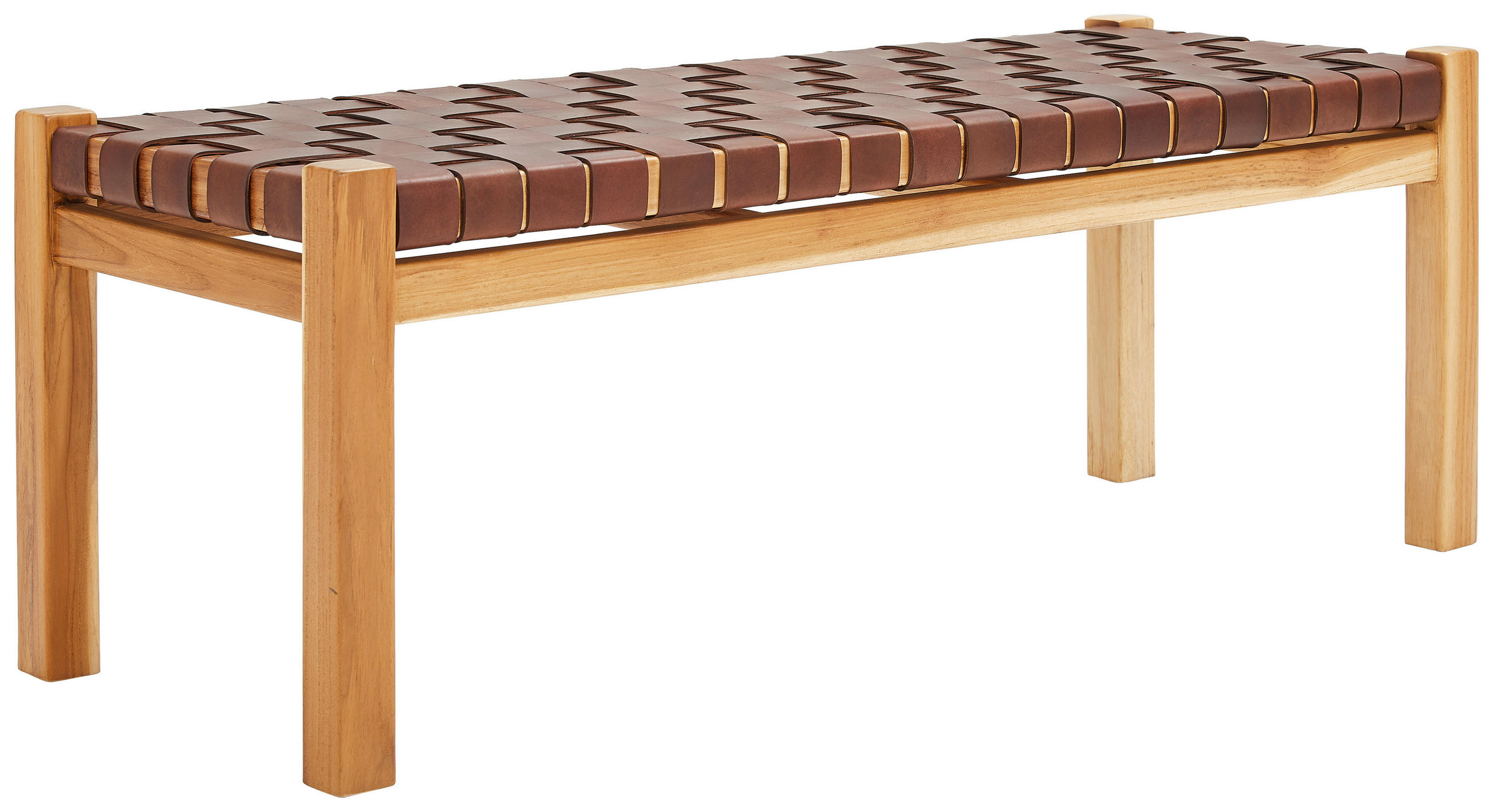 HOCKERBANK 120/45/43 cm Echtleder Cognac Teakholz massiv  - Hellbraun/Cognac, Basics, Leder/Holz (120/45/43cm) - MID.YOU